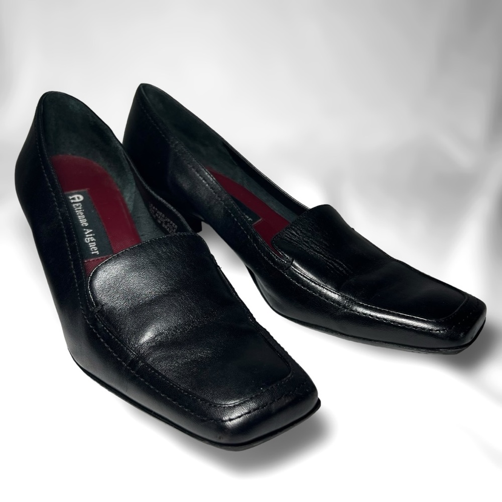 SOLD Black Leather Square Toe Loafers 90s Vintage Etienne Aigner High Heel Pumps
